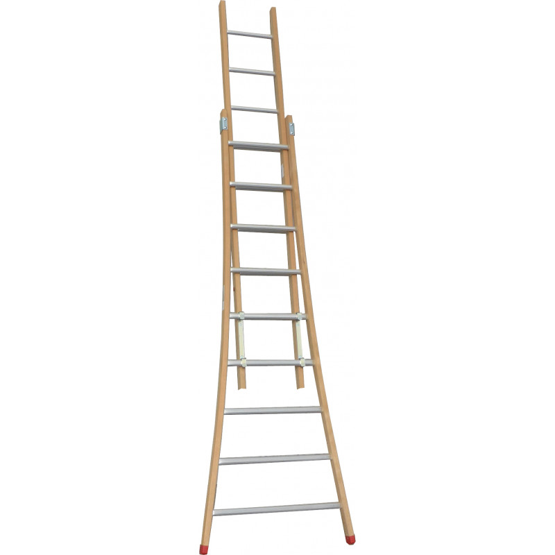 Echelle coulisse à main 2 plans  montants bois échelons alu longueur pliée 198 cm -  longueur dépliée 302 cm base évasée